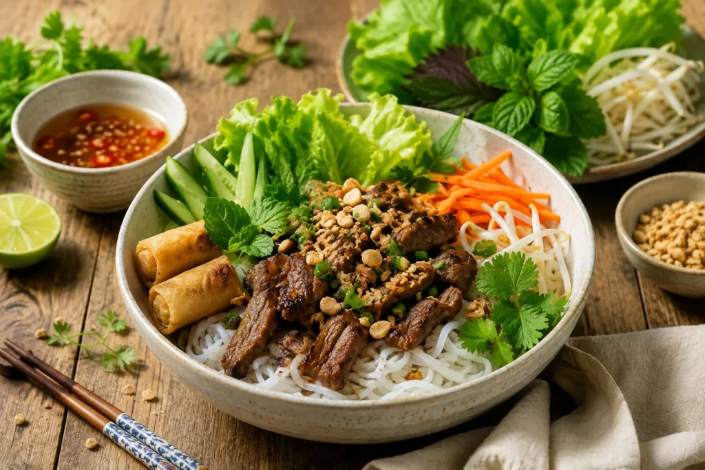 Bò Bún traditionnel vietnamien avec vermicelles de riz, bœuf mariné, nems, herbes fraîches et sauce nuoc-mâm