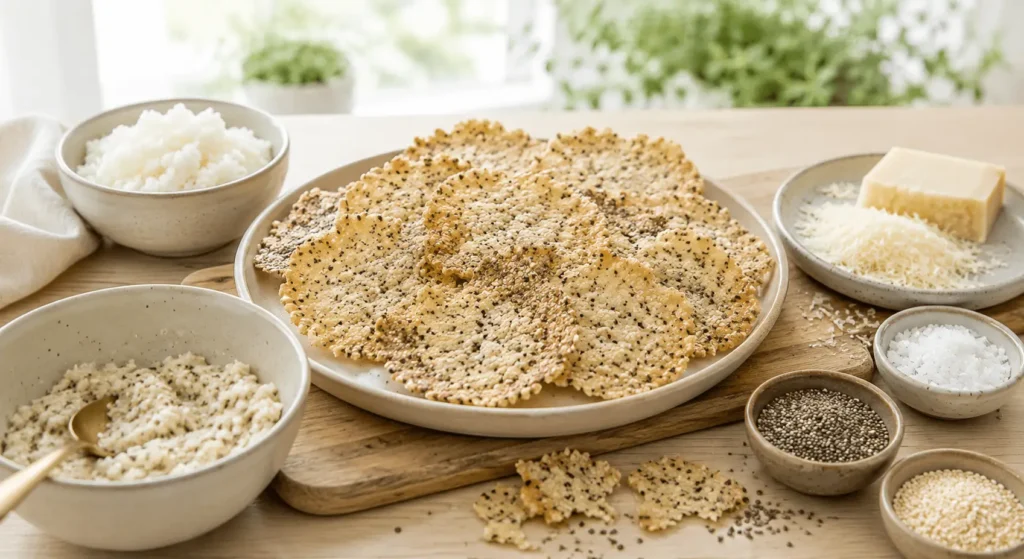 Crackers de riz au parmesan et aux graines servis sur une assiette avec trempettes et crudités.