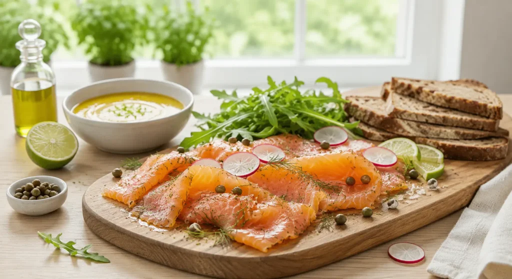 Tranches de gravlax de saumon à l’aneth avec roquette et radis sur assiette blanche.