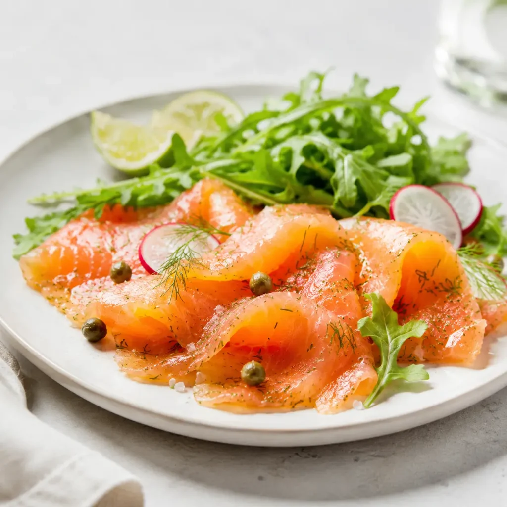 Gravlax maison à l’aneth servi avec roquette, radis, câpres et pain de seigle.