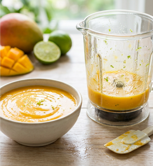 Sauce mangue citron vert maison en bol, avec mixeur et fruits frais sur fond lumineux.