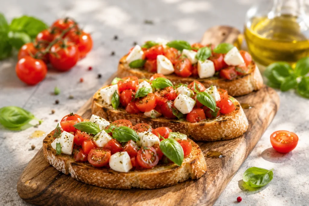 Bruschetta au pain grillé garnie de tomates, mozzarella, basilic frais et huile d'olive.
