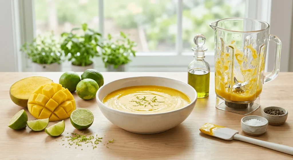 Sauce mangue citron vert dans un bol avec mixeur et ingrédients frais autour.