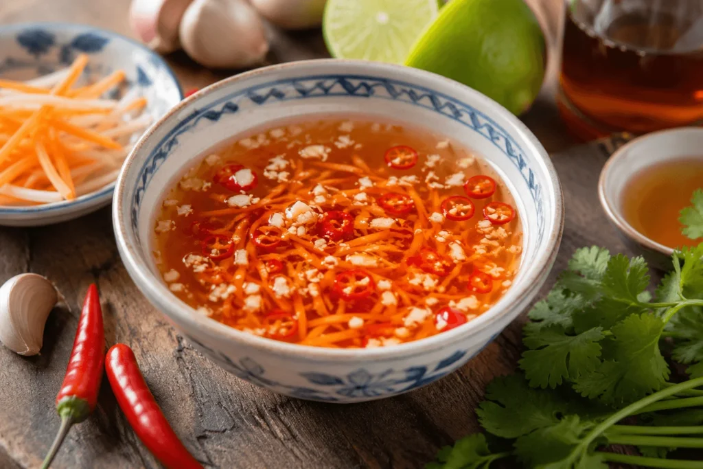 Bol de sauce nuoc-mâm maison avec ail, piment, citron vert et carottes râpées.