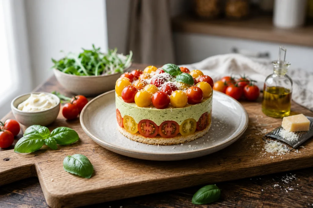 Le Tomatier dressé sur assiette blanche avec tomates cerises, basilic, roquette et crème de balsamique