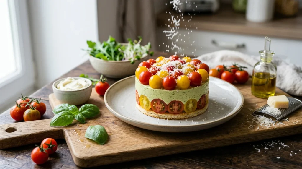 Le Tomatier en assiette, fraisier salé aux tomates cerises et mousseline au basilic