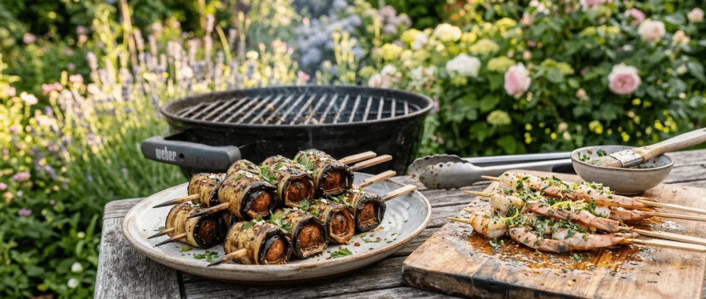 brochette d’aubergine grillée au chorizo grillées et servies avec des gambas aux herbes prêtes à cuire