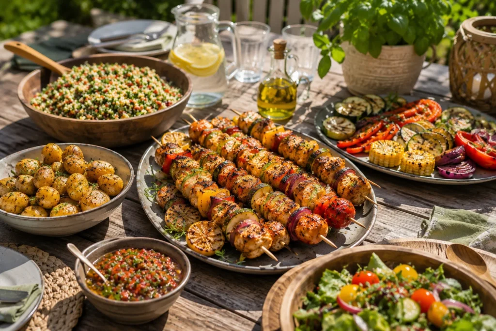 Table d'été avec des brochettes de poulet au barbecue, taboulé maison, pommes de terre grenaille, sauce vierge, légumes grillés et salade fraîche en terrasse.