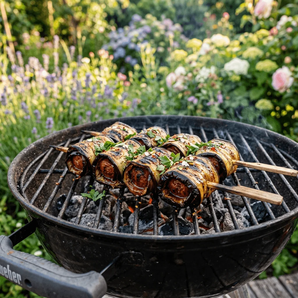 brochette d’aubergine grillée roulées au chorizo BBQ, bien grillée, servie en extérieur dans un jardin fleuri