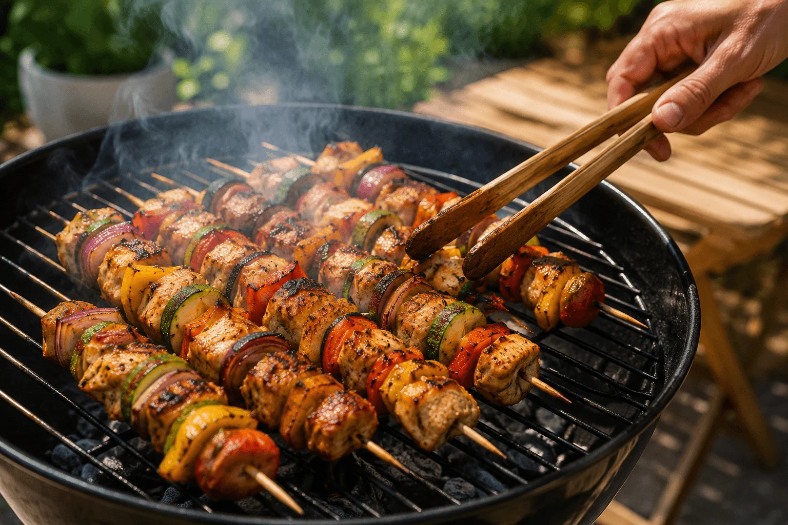 Brochettes de poulet marinées en cuisson sur un barbecue au charbon, retournées avec une pince en bois au-dessus des braises.