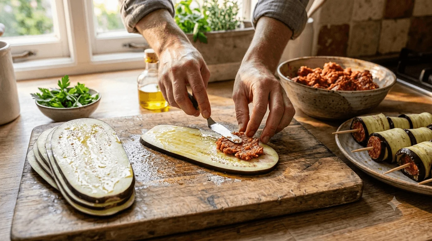 Mains étalant de la chair de chorizo sur une fine tranche d'aubergine sur une planche en bois.