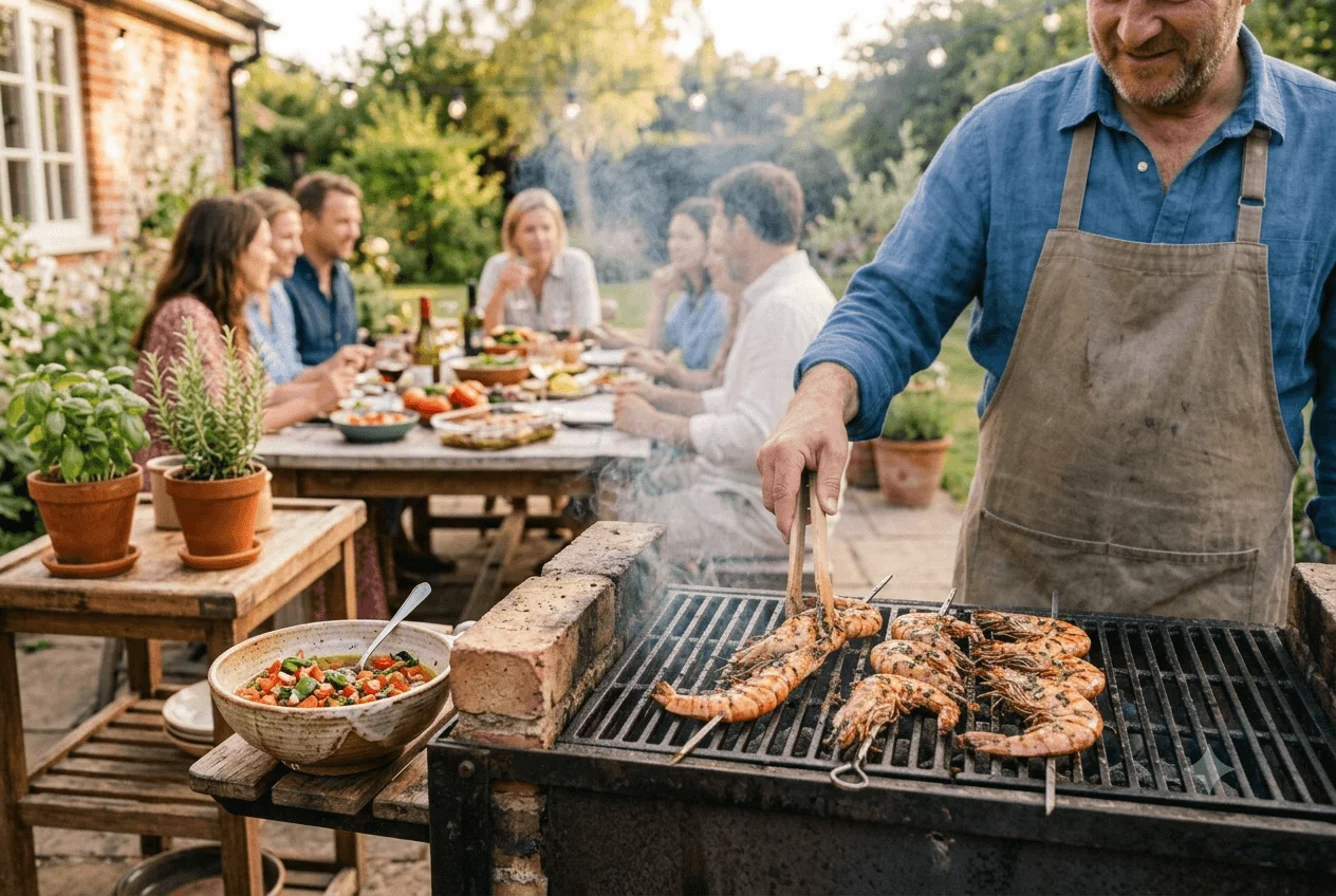 Cuisson de brochettes de gambas au barbecue dans un jardin convivial avec marinade méditerranéenne.