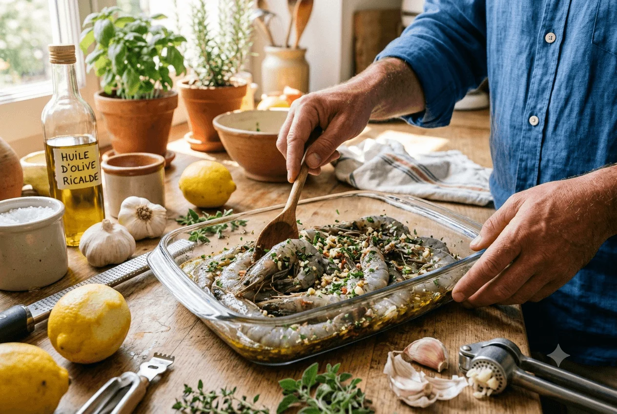 Préparation de la marinade pour gambas au barbecue avec huile d'olive, citron, ail et herbes fraîches.