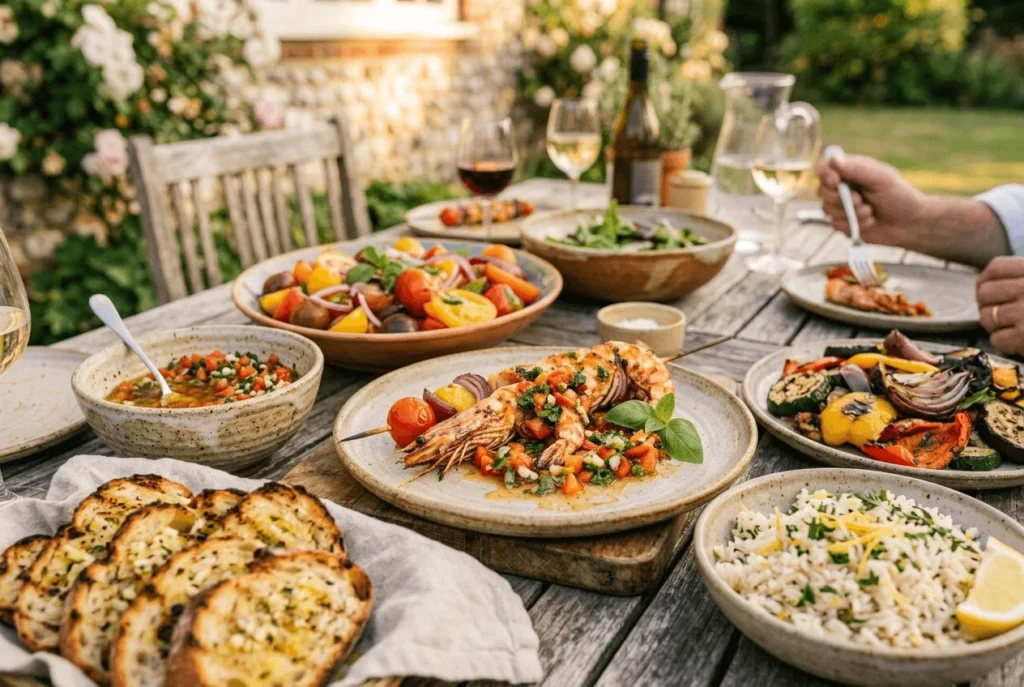 Assiette de brochette de gambas au barbecue servie avec sauce vierge, légumes grillés, riz au citron et pain aillé.