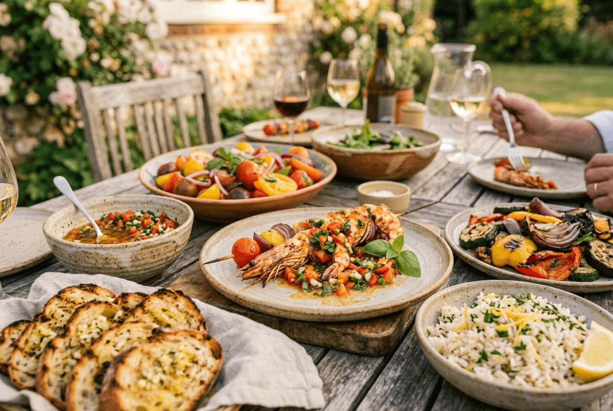 Assiette de brochette de gambas au barbecue servie avec sauce vierge, légumes grillés, riz au citron et pain aillé.
