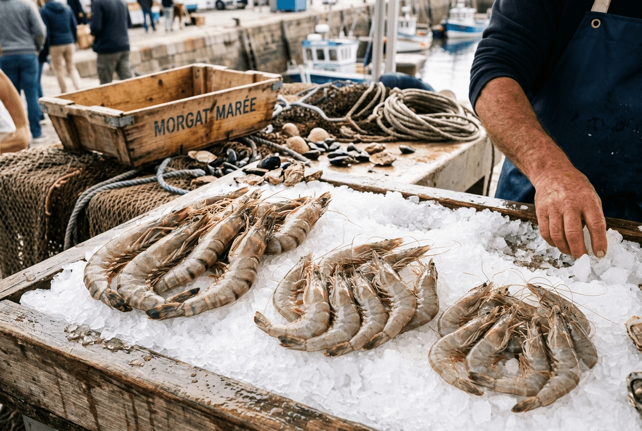 Gambas fraîches de différents calibres présentées sur une étale de poissonnier