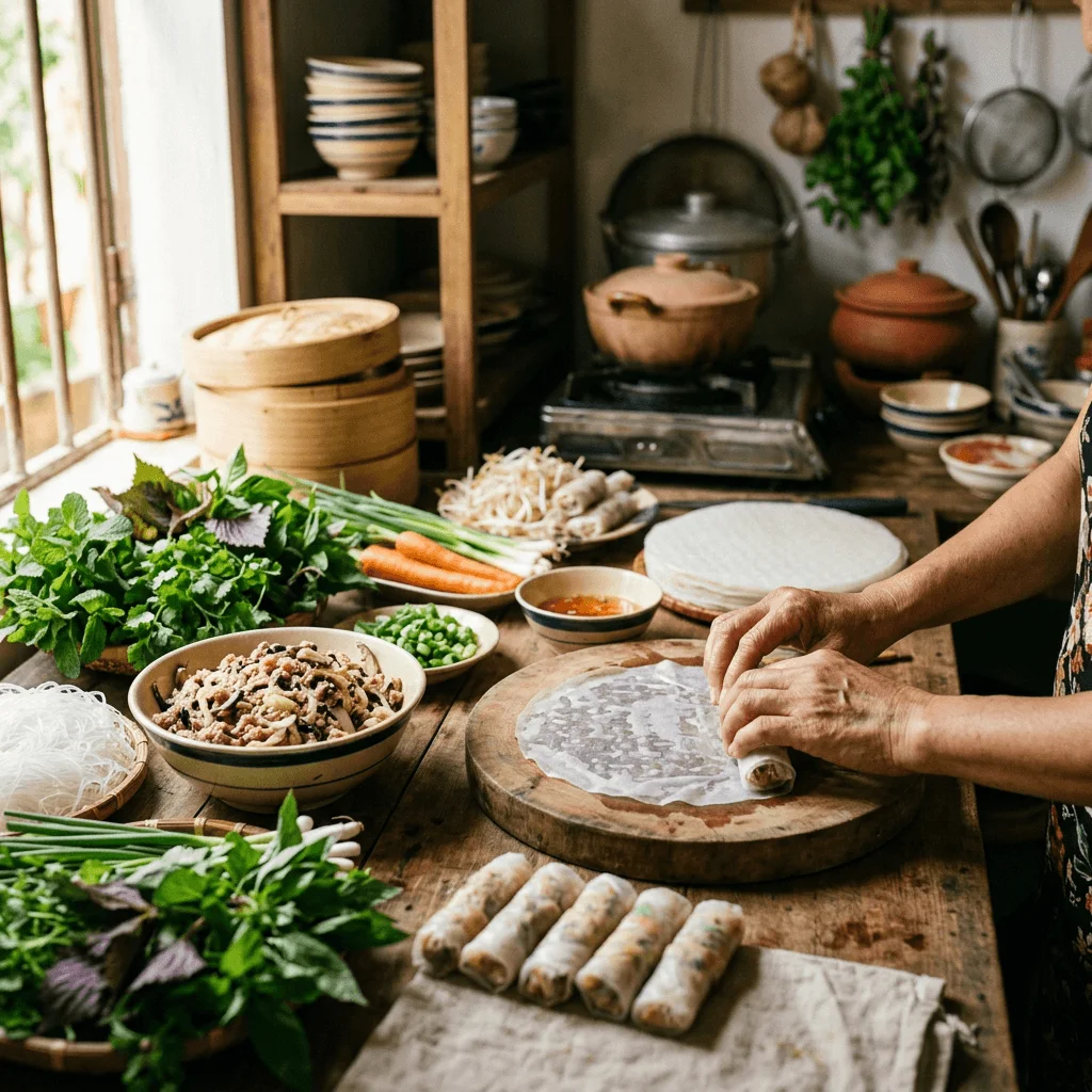 Préparation de nems traditionnelle vietnamiens dans une cuisine
