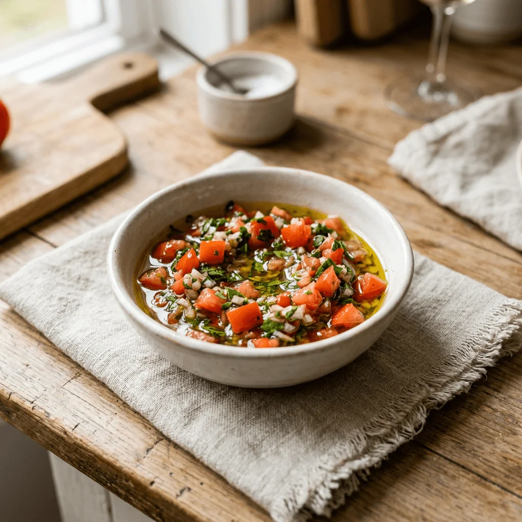 Sauce vierge fraîche à base de tomates, huile d’olive et herbes