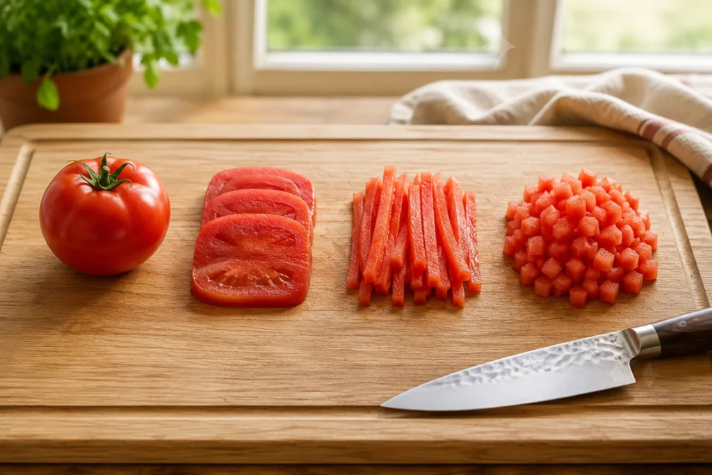 Découpe d'une tomate en brunoise pour préparer une sauce vierge maison.