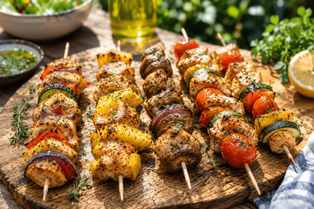Planche en bois présentant plusieurs variantes de brochettes de poulet au barbecue : recette classique, ananas, champignons et tomates cerises.