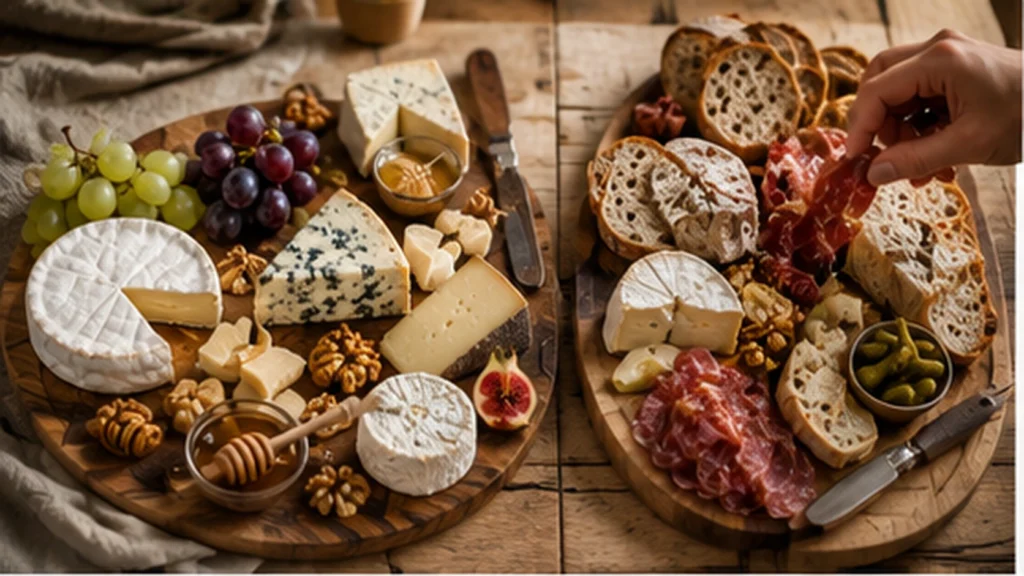 Planche de fromage et planche mixte avec fromages, charcuteries, pain et accompagnements