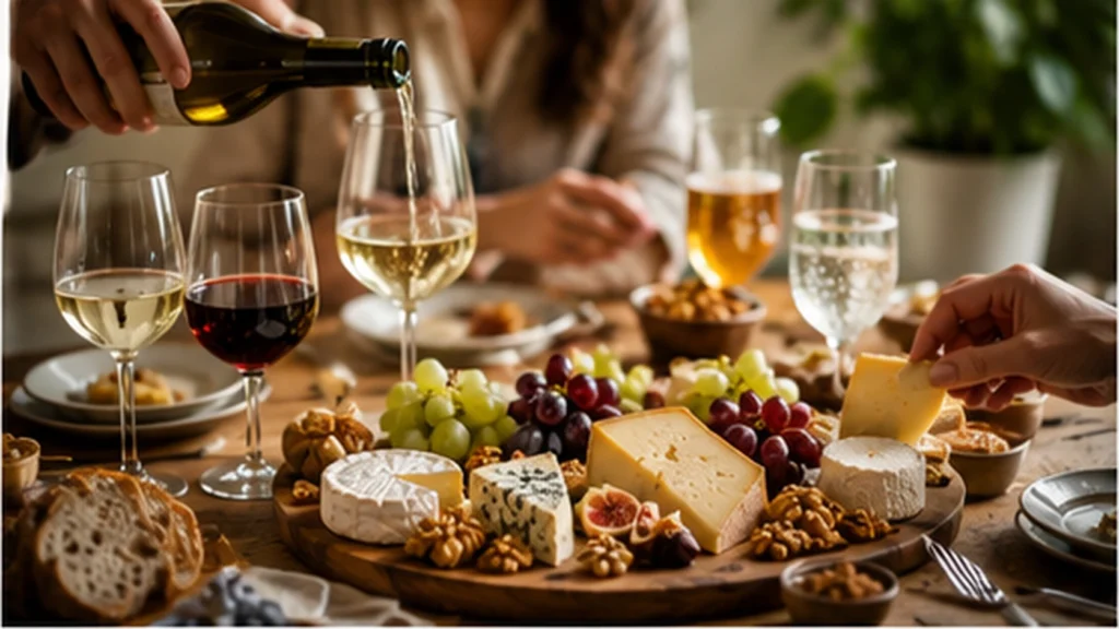 Planche de fromage accompagnée de vins blanc et rouge et de boissons servies à table