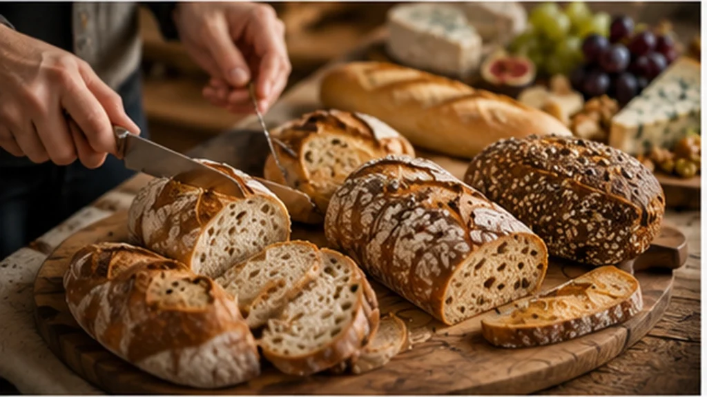 Pains de campagne, baguette et pains aux céréales servis avec une planche de fromage