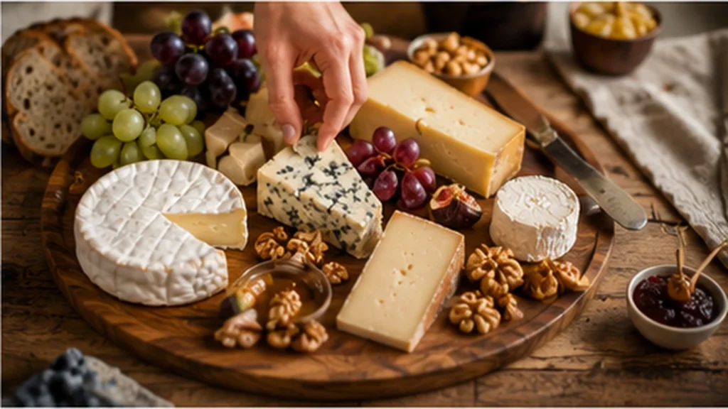 Fromages espacés sur une grande planche avec fruits, noix, miel et pain