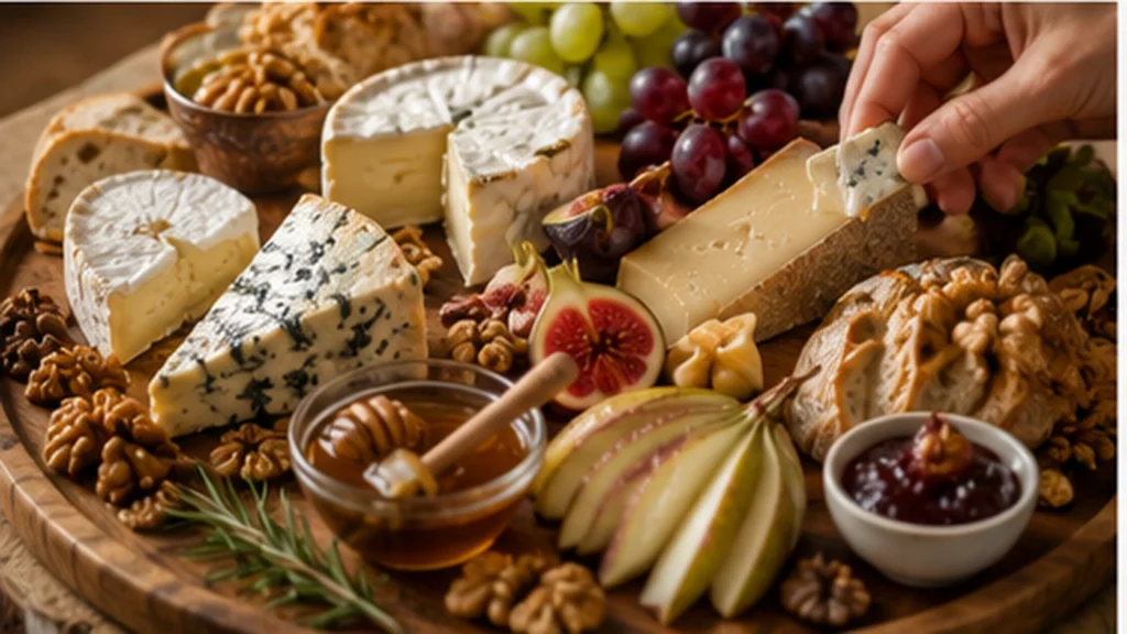 Planche de fromage variée avec raisins, poire, figues, noix, miel et pain