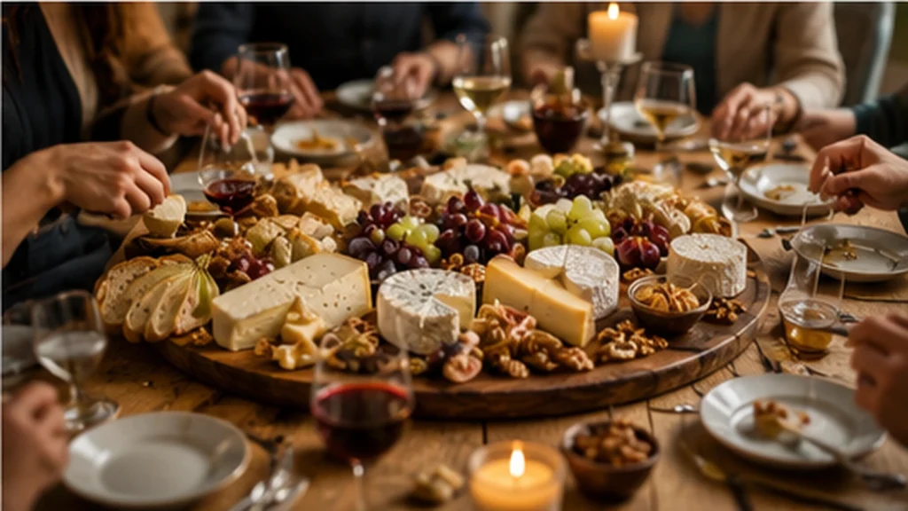 Convives partageant une grande planche de fromage au centre d’une table