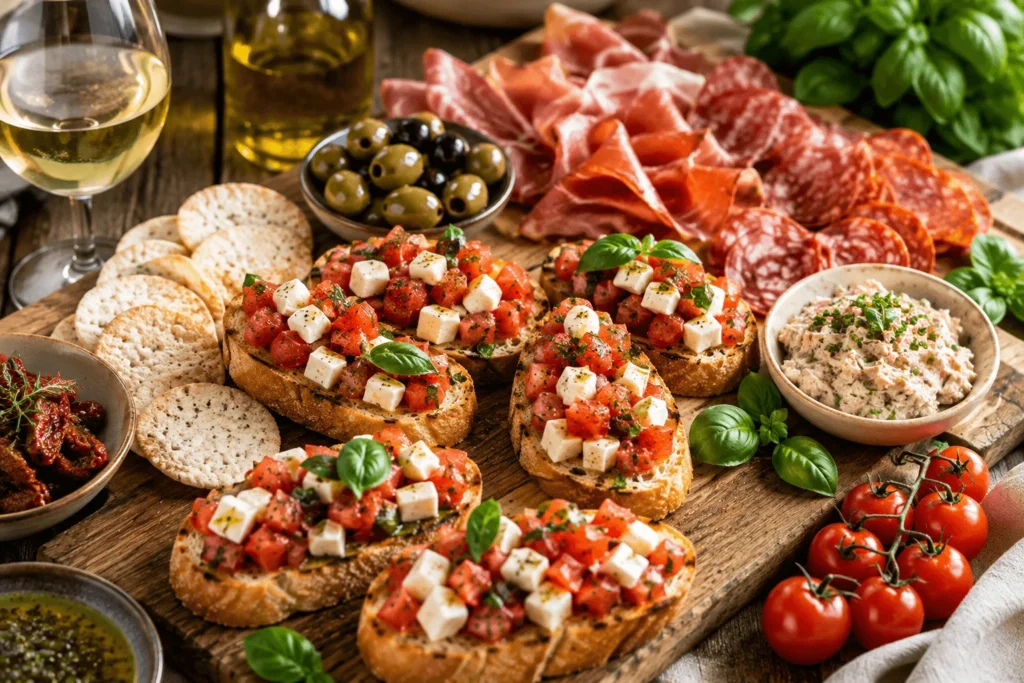 Bruschettas servies avec charcuteries, crackers et rillettes pour un apéritif.