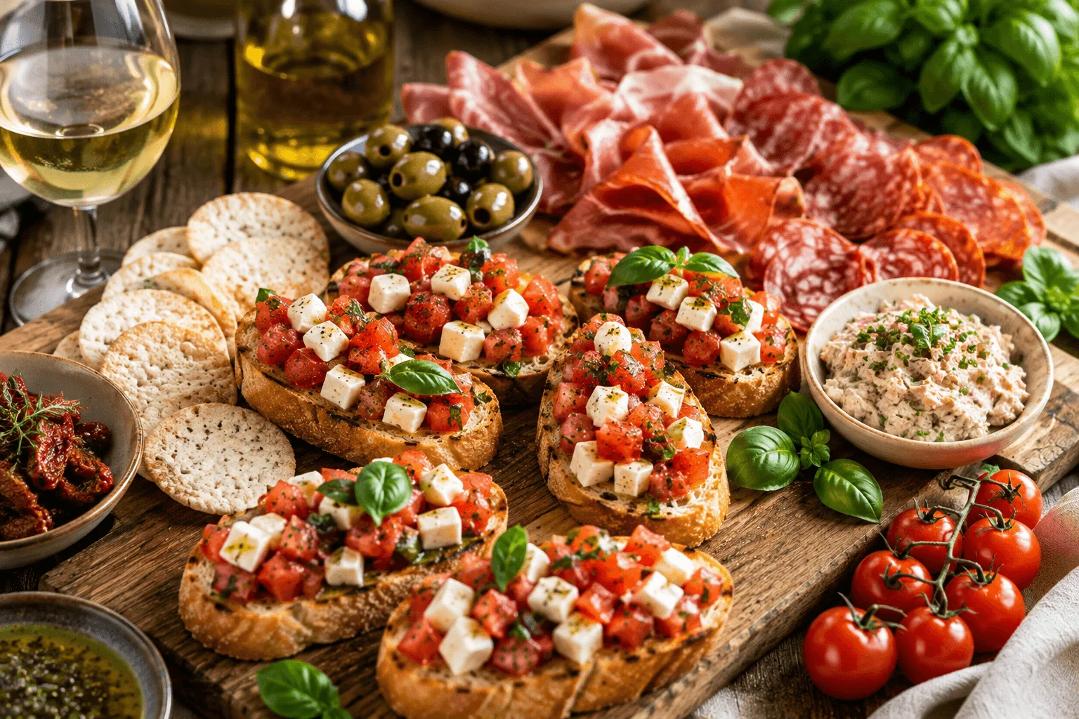 Bruschettas servies avec charcuteries, crackers et rillettes pour un apéritif.