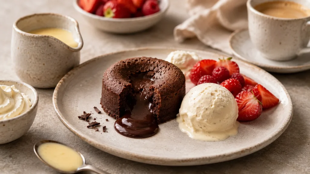 Coulant au chocolat accompagné d’une boule de glace vanille, de fruits rouges et d’un peu de crème anglaise