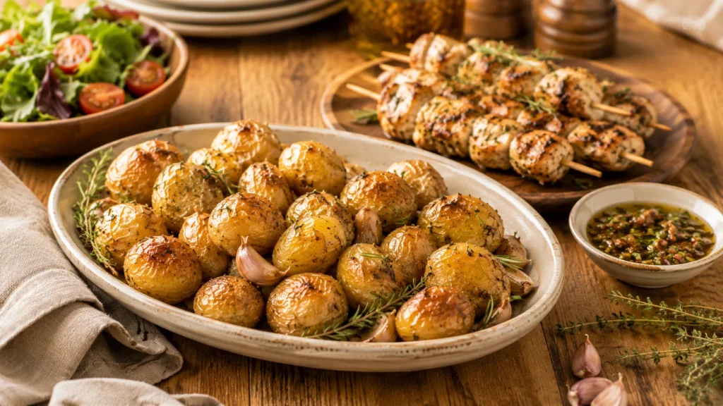 Pommes de terre grenaille servies avec brochettes de poulet, salade et sauce vierge