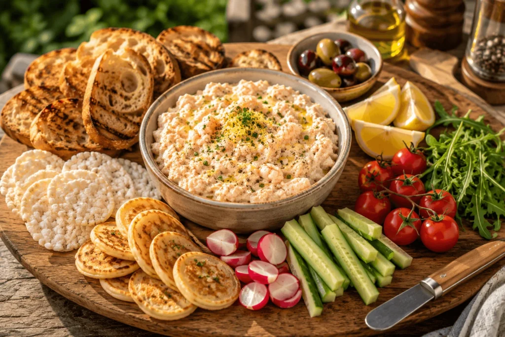 Rillettes de gambas servies avec pain grillé, crackers de riz, blinis et légumes croquants