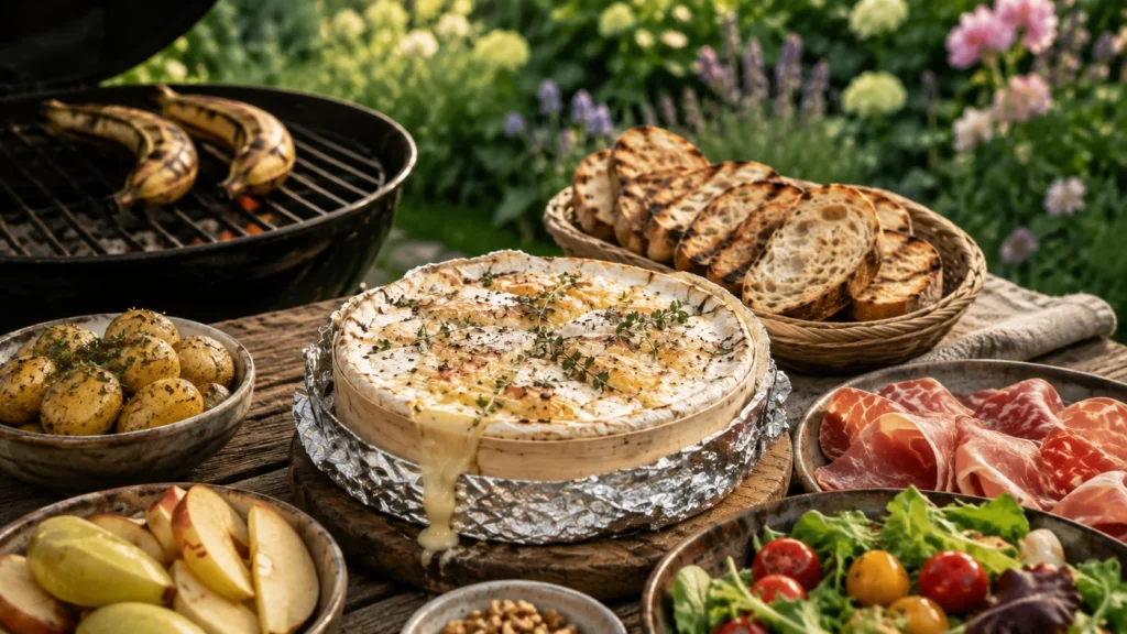 Camembert rôti et coulant servi avec pain grillé, pommes de terre, charcuterie, fruits et salade