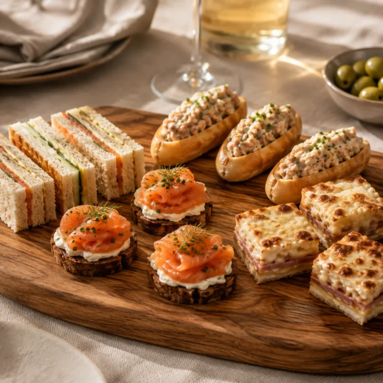 Gros plan sur plusieurs canapés apéritifs, navettes garnies, tartines au saumon et mini croques.
