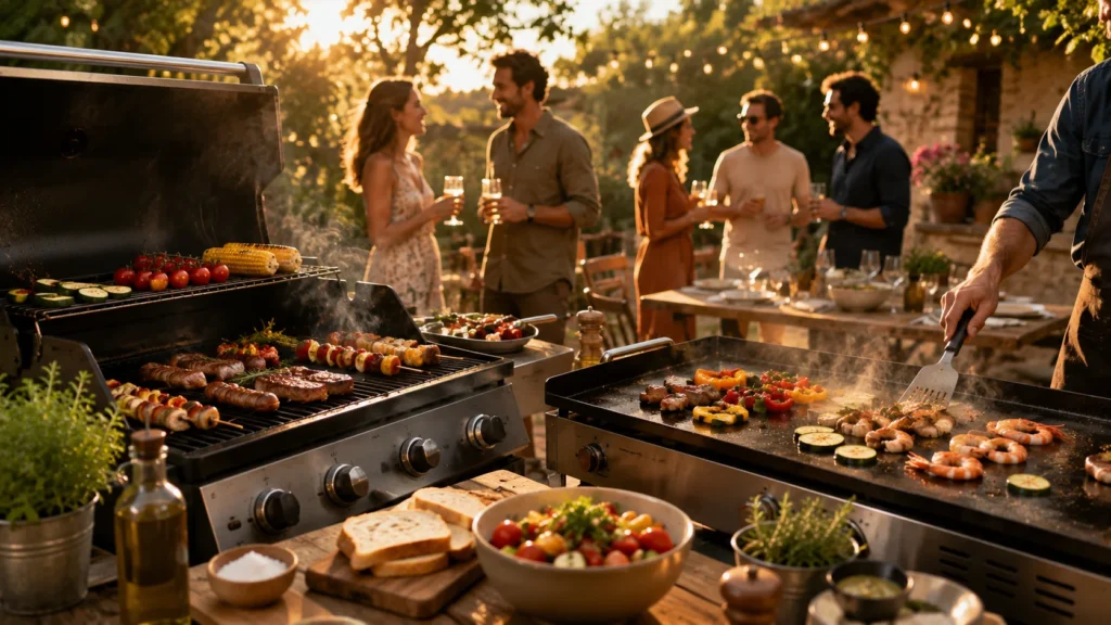 Barbecue et plancha en cuisson avec viandes, légumes et gambas lors d’un repas convivial en extérieur.