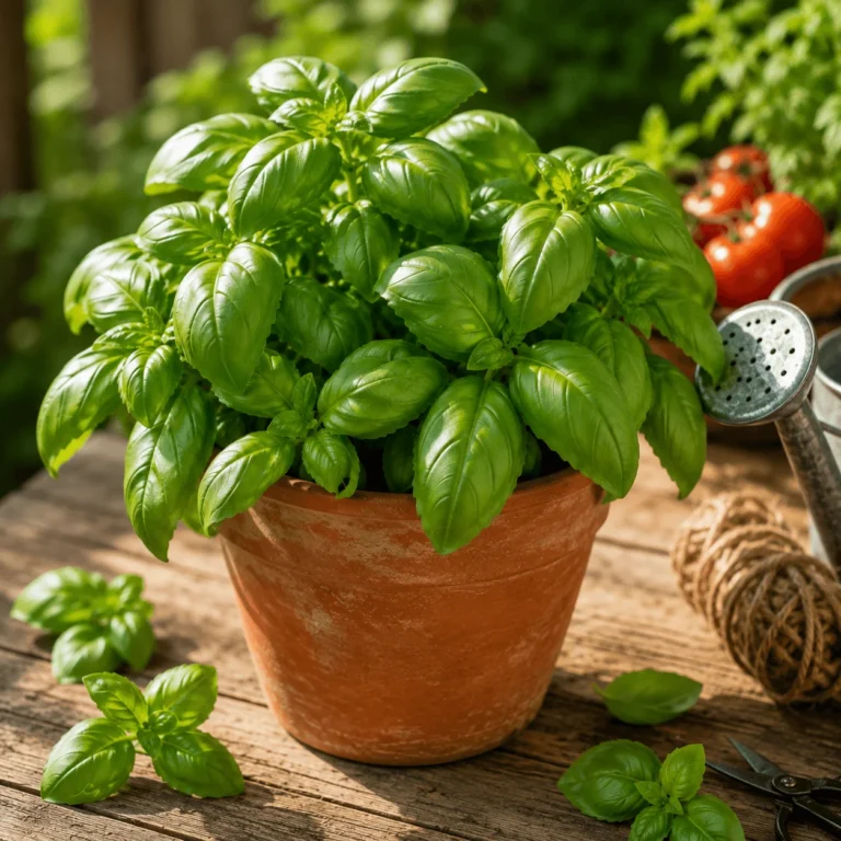 Plant de basilic bien développé dans un pot en terre cuite.