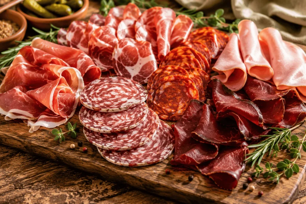 Assortiment de jambon cru, coppa, rosette, chorizo et viande des Grisons.