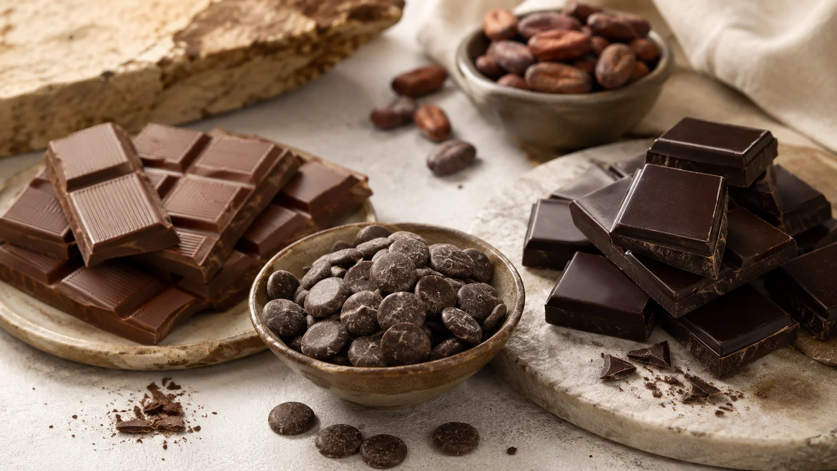 Différents chocolats noirs, pistoles et fèves de cacao pour préparer un coulant au chocolat