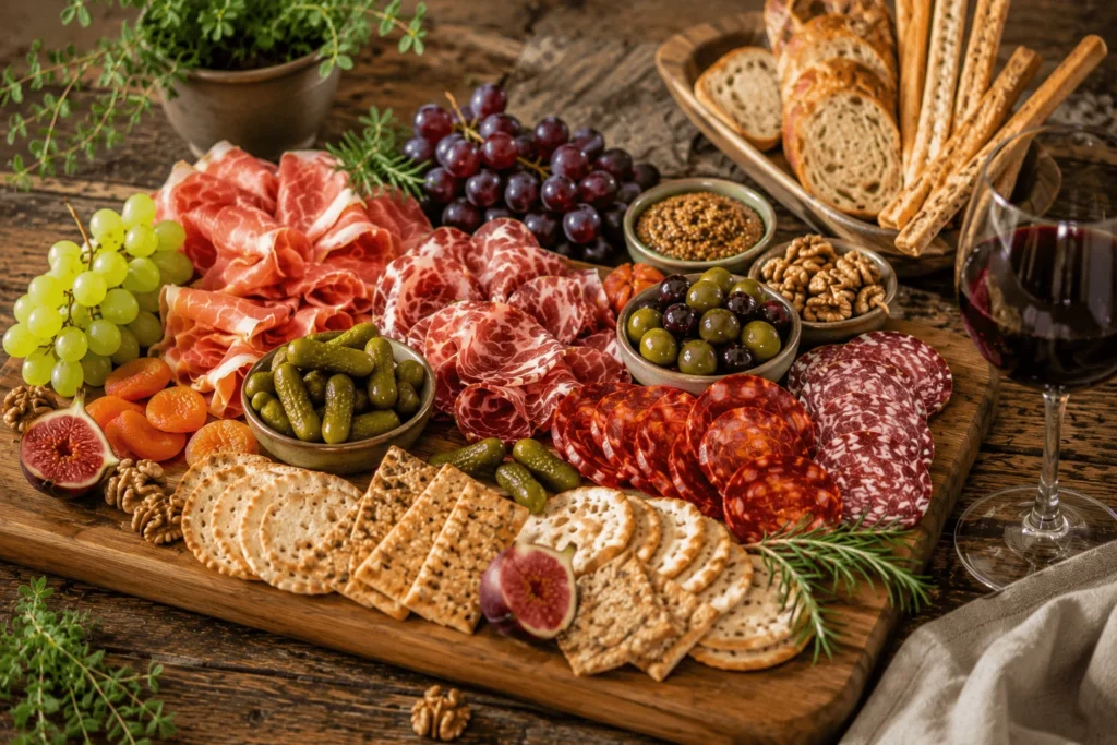 Verre de vin et planche de charcuterie.