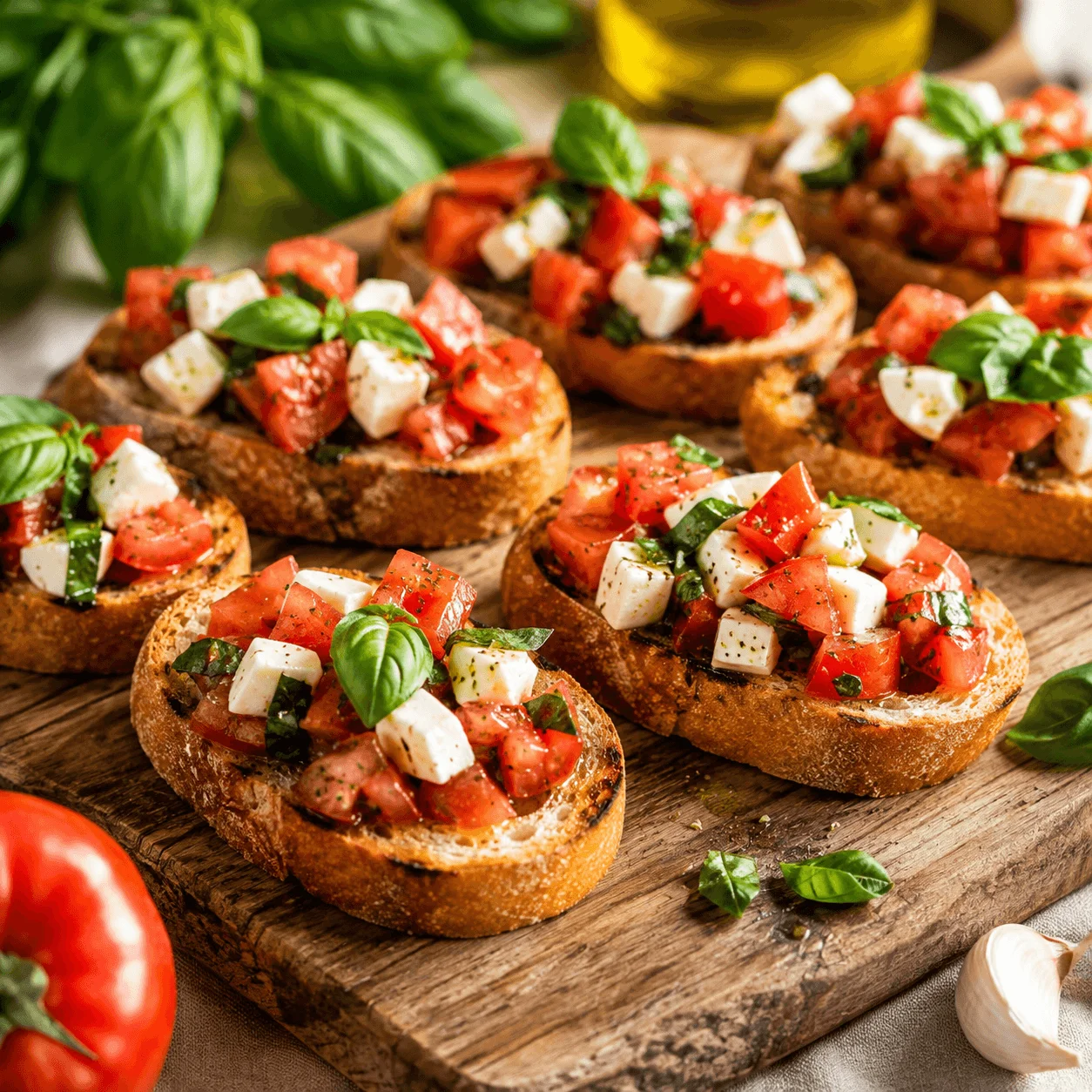 Bruschettas tomates mozza , et basilic sur pain grillé.