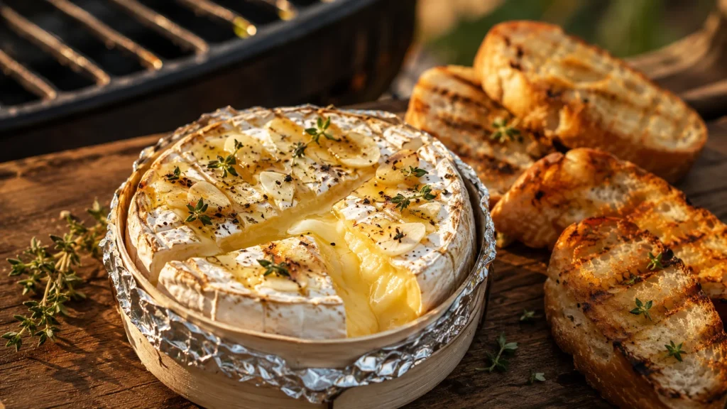 Camembert rôti au barbecue au miel, ail et thym avec pain grillé
