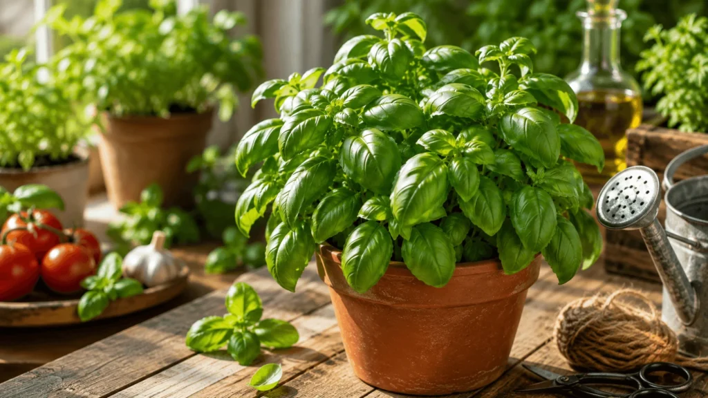Comment faire pousser du basilic en pot sur une table en bois, prêt à être cultivé pour la cuisine.