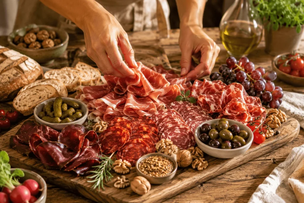 Composition d'une planche de charcuterie avec accompagnements.