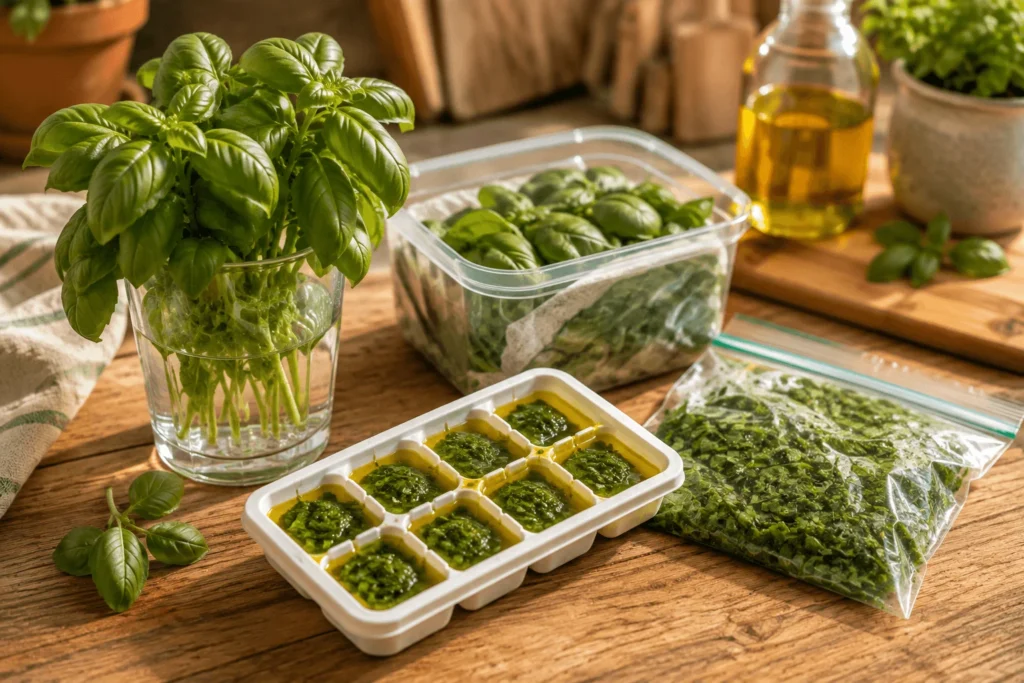 Différentes méthodes pour conserver du basilic : verre d'eau, réfrigérateur, congélation et huile d'olive.