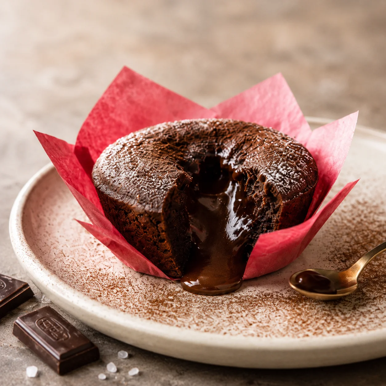 Coulant au chocolat individuel en caissette tulipe rouge avec cœur fondant