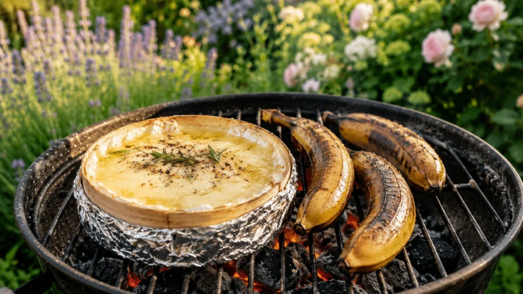 Camembert rôti au barbecue dans sa protection en aluminium avec des bananes en cuisson