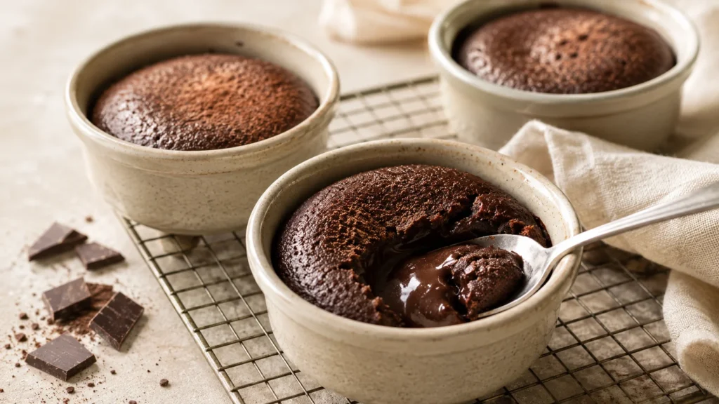 Coulants au chocolat cuits individuellement avec un cœur coulant visible à la découpe